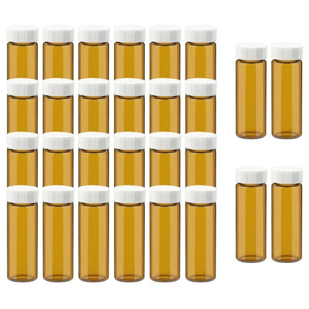 28 Pack 30ml Empty Refillable Travel Amber Glass Liquid Sampling Lab Storage Vials with White Caps