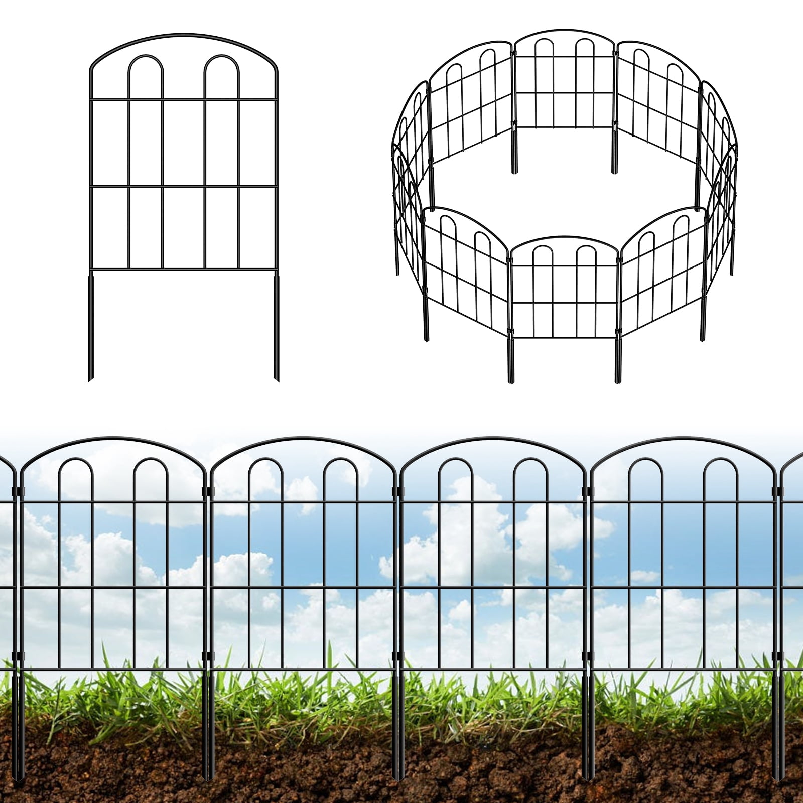 28-Pack Decorative Garden Fence – Double-Arc Metal Border, Rustproof Animal Barrier for Yard, Flower Bed, Patio (Black)