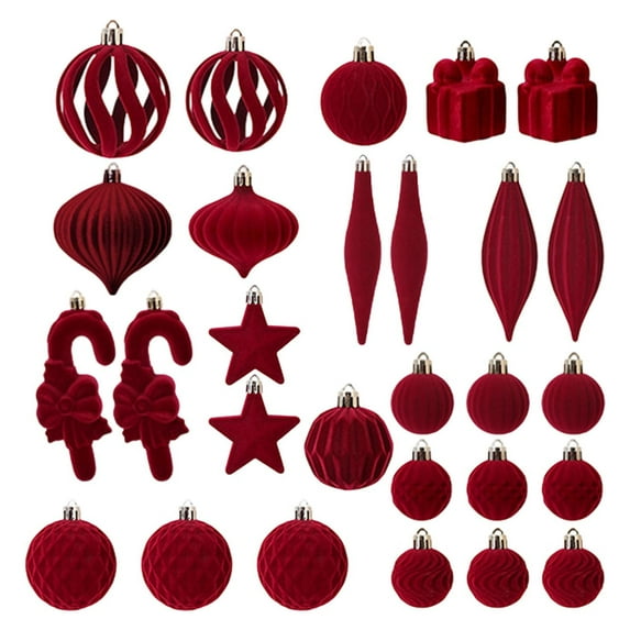 28 Pack Flocked Christmas Ornaments Set Frosted Finish Holiday Tree Decorations Assorted Shapes Hanging Balls(Wine)