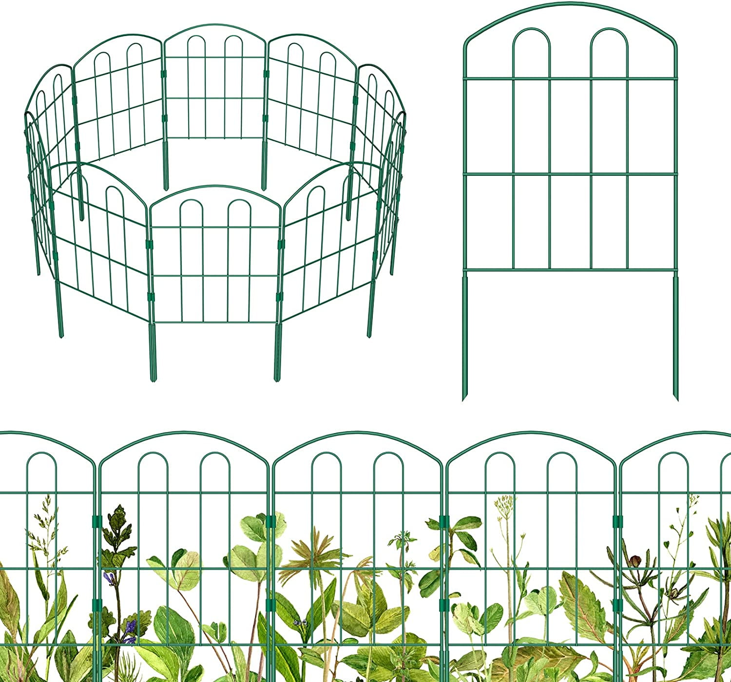 Oumilen 28 pack Garden Fence 23in (H) x 30ft (L) Metal Landscape Border Fence Panels, Green