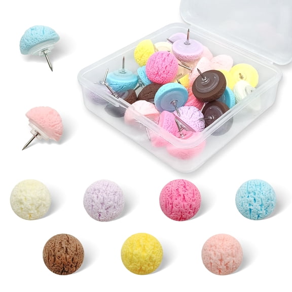 28 Pack Matte Resin Push Pins, Ice Cream Scoop Style Decorative Thumbtacks, Half Round Push Pins with Metal Tips for Cork Boards, Office & Home Decor