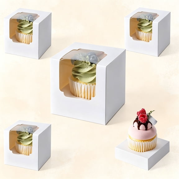 28 Pack Single Cupcake Boxes with Clear Window, 3.5 Inch White Individual Cardstock Containers, Portable Gift Boxes for Parties, Office Gifting and Classroom Favors