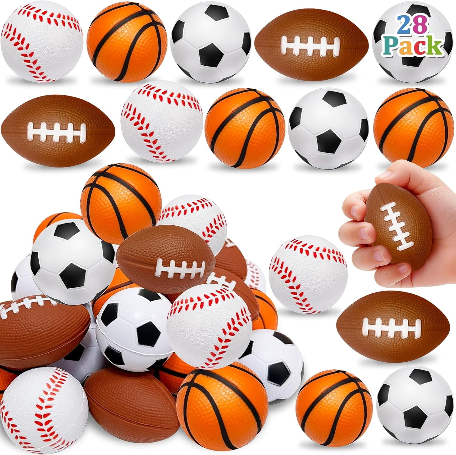 28 Pack Sports Stress Balls,Easter Basket Stuffers Soccer Football Squeeze Fidget Relief Toys for Easter Eggs Fillers,Goodie Bags Stuffers,Classroom Prizes,Pinata Filler