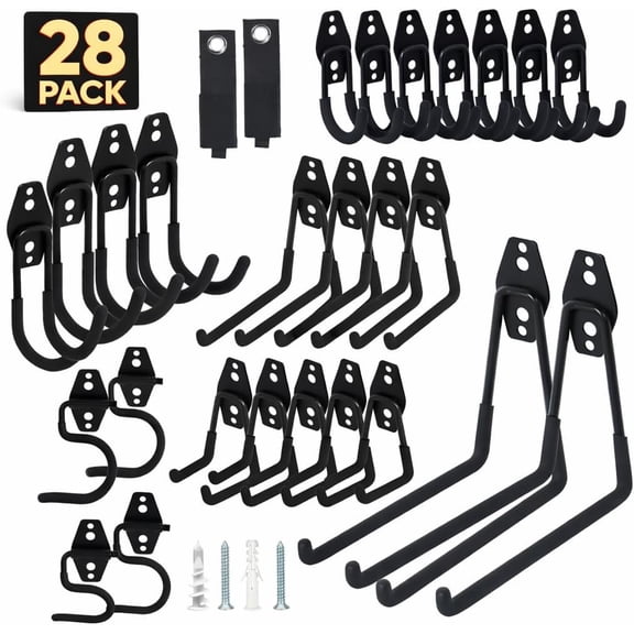28 Pack Steel Heavy Duty Garage Hooks Storage Hooks with Anti-Slip Coating, Utility Garage Wall Mount Hanger and Organizer for Bikes, Ladder, Rope, Broom, Shovel and Garden Power Tools (28, Black)