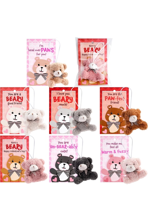 28 Pack Valentine's Day Greeting Cards with Mini Plush Bear, Small Plush Toy Keychains for Valentine's Classroom Gift Exchange, Valentines Party Favor and Valentines Day Gifts