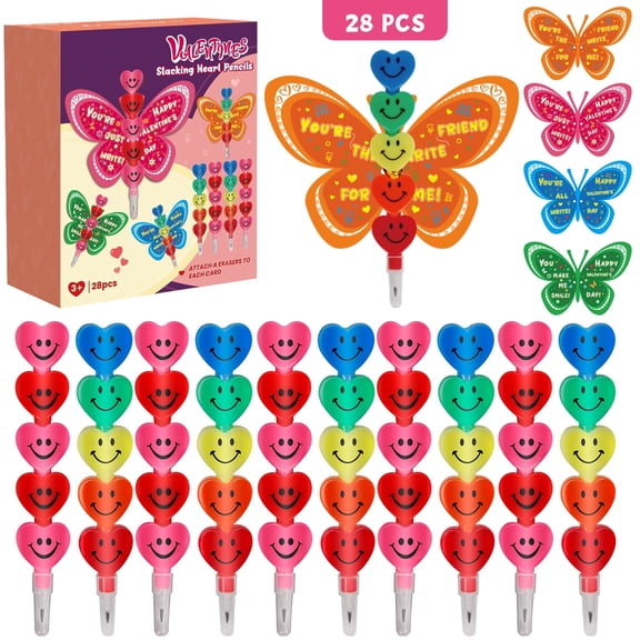 28 Pack Valentines Day Gift Cards for Kids with Stacking Heart Pencils, Valentines Day Gifts for Kids Boys Girls, Valentine School Classroom Party Favor Exchange Prizes Toys Set