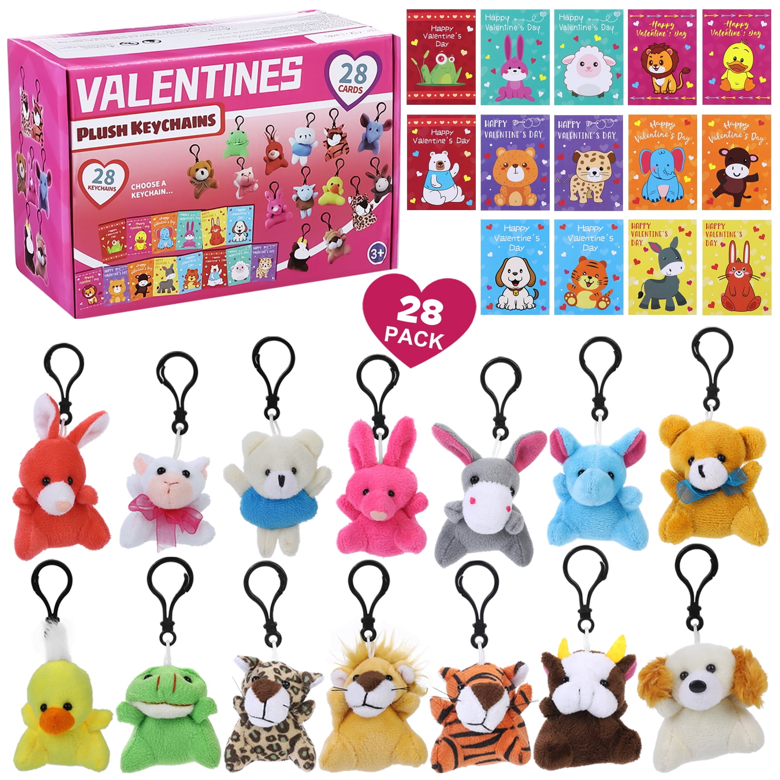 28 Pack Valentines Day Gifts Cards for Kids with Animal Plush Toy