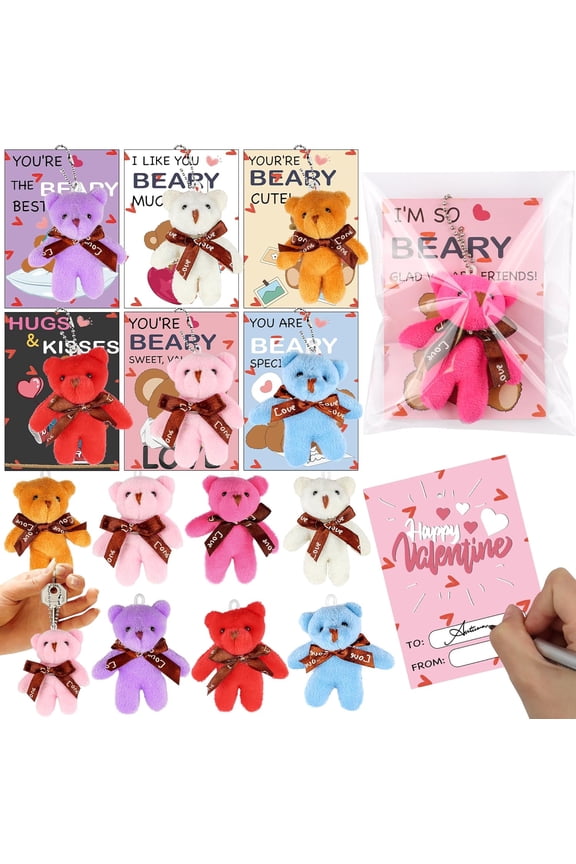 28 Pack Valentines Day Gifts for Classroom Valentines Cards for School Mini Bear Plush Toys Keychains Valentines for Class Valentines Exchange Cards Valentine Party Favors Prizes Girls Boys