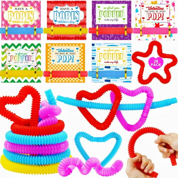 28 Pack Valentines Day Gifts for Kids, Pop Tube Set with Valentines Cards for