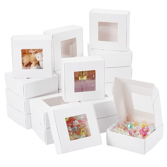28 Packs 3.3x3.3x1.3 Inch Square Gift Boxes with Clear Window White Bakery Boxes Gift Packaging Boxes for Anniversaries Birthdays Weddings Graduation