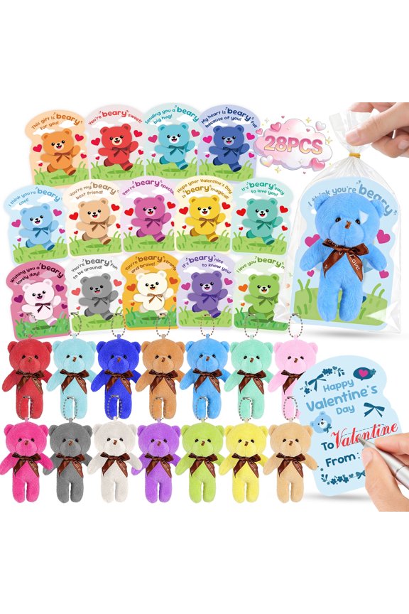 28 Packs Gift for Kids - 4.7" Mini Plush Bear Stuffed Animals Bulk Keychain with  Cards for Kids School, Classroom Gift Exchange, Party Favor & Prize for Boys Girls