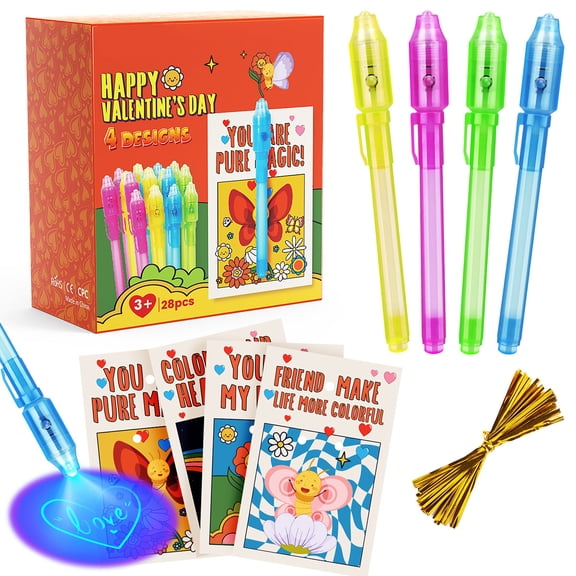 28 Packs Valentines Day Cards For Kids School With Invisible Ink Pen Set, Party Favors For Kids Classroom, Valentines Day Gifts For Students