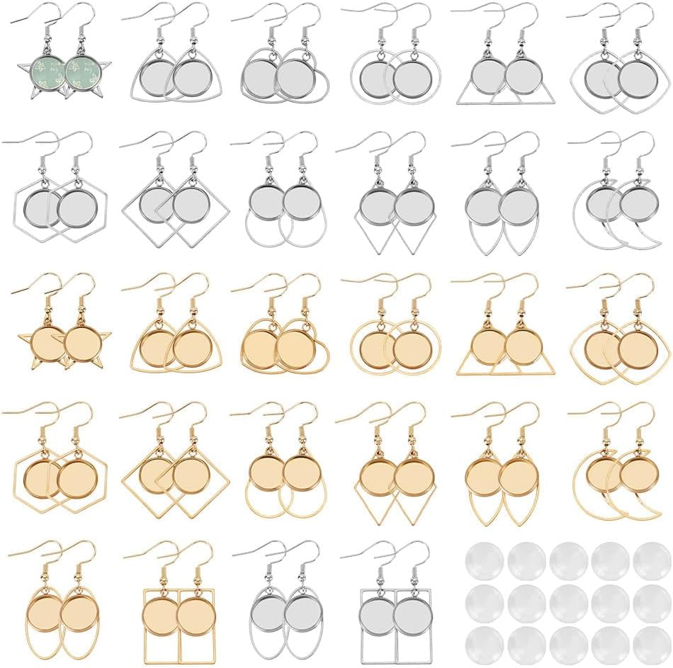 28 Pairs Stainless Steel Earring Blank Settings 14 Styles Stainless Steel Dangle Earring Making Kit with Glass Cabochons 45mm Blanks Pendant with Clear Dome for Jewelry DIY Making