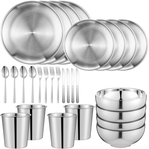 28 Pcs 304 Stainless Steel Dinnerware Set 10 Inch 7 Inch Stainless Steel Plates Bowls Cups Forks Spoons and Knives Sets Reusable Metal Camping Dinnerware for Home Outdoor Picnic Kitchen