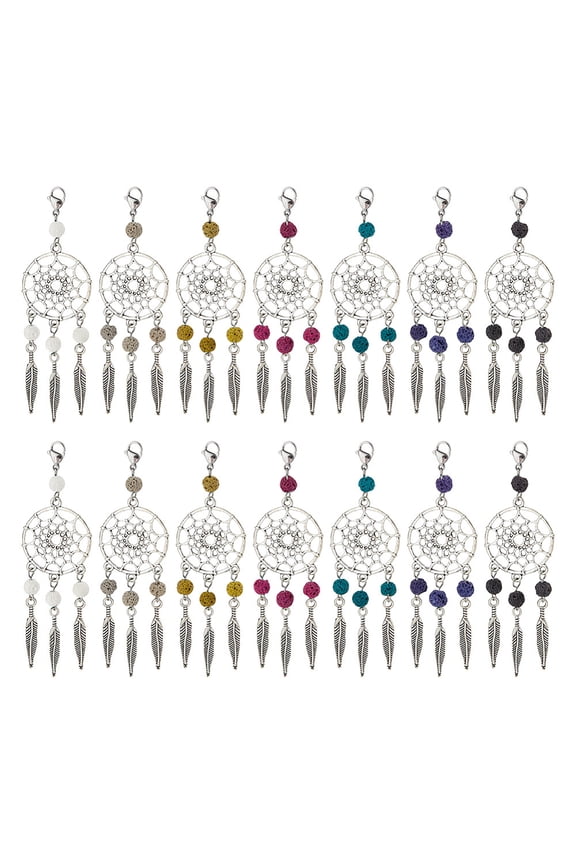 28 Pcs 7 Colors Dreamcatcher Charms Colorful Wood Beads Dream Catcher Pendants with Alloy Findings Lobster Claw Clasps and Feathers DIY