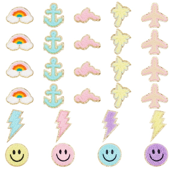 28 Pcs 7 Styles Face Embroidered Patches Rainbow Iron On Sew On Repair Patch Applique Chenille Patches Adhesive Patch Pack DIY