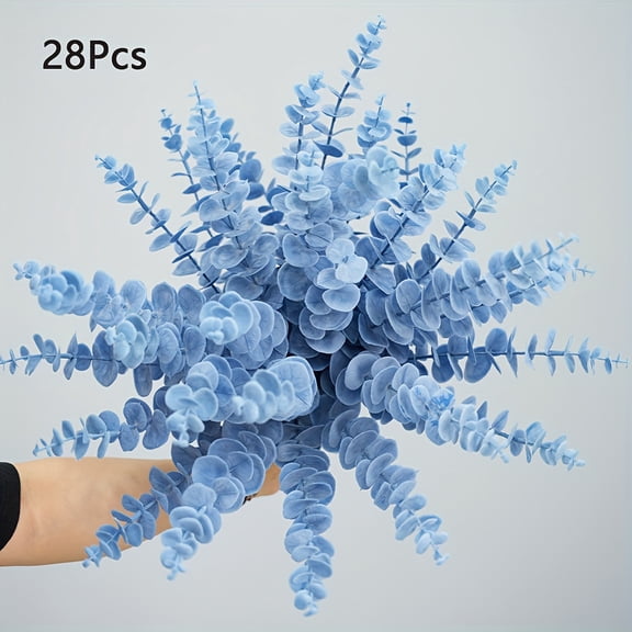 28 Pcs Artificial Blue Eucalyptus Stems with Leaves, Maintenance-Free Plastic Greenery for Wedding, Christmas, Farmhouse Table Decor & Home Display