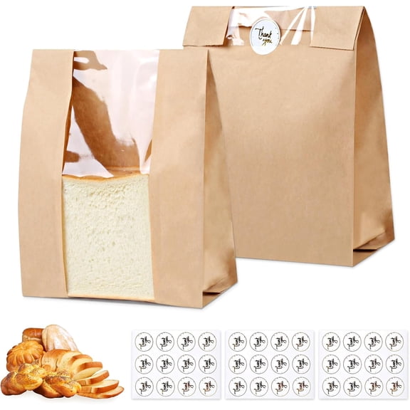 28 Pcs Bread Bags with Window, Brown Paper Bakery Bags for Homemade Sourdough, Baked Goods Packaging, Bakery Storage and Gift Giving, Includes 36 Seal Stickers (13.7x8.3x3.5 inch)