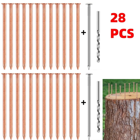 28 Pcs Copper Nails for Killing Trees, Stumps & Roots - 3.5 Inch Long Come with Steel Nails Drill Nails Enabling the Copper Nails to Drive Into the Stump Without Bending