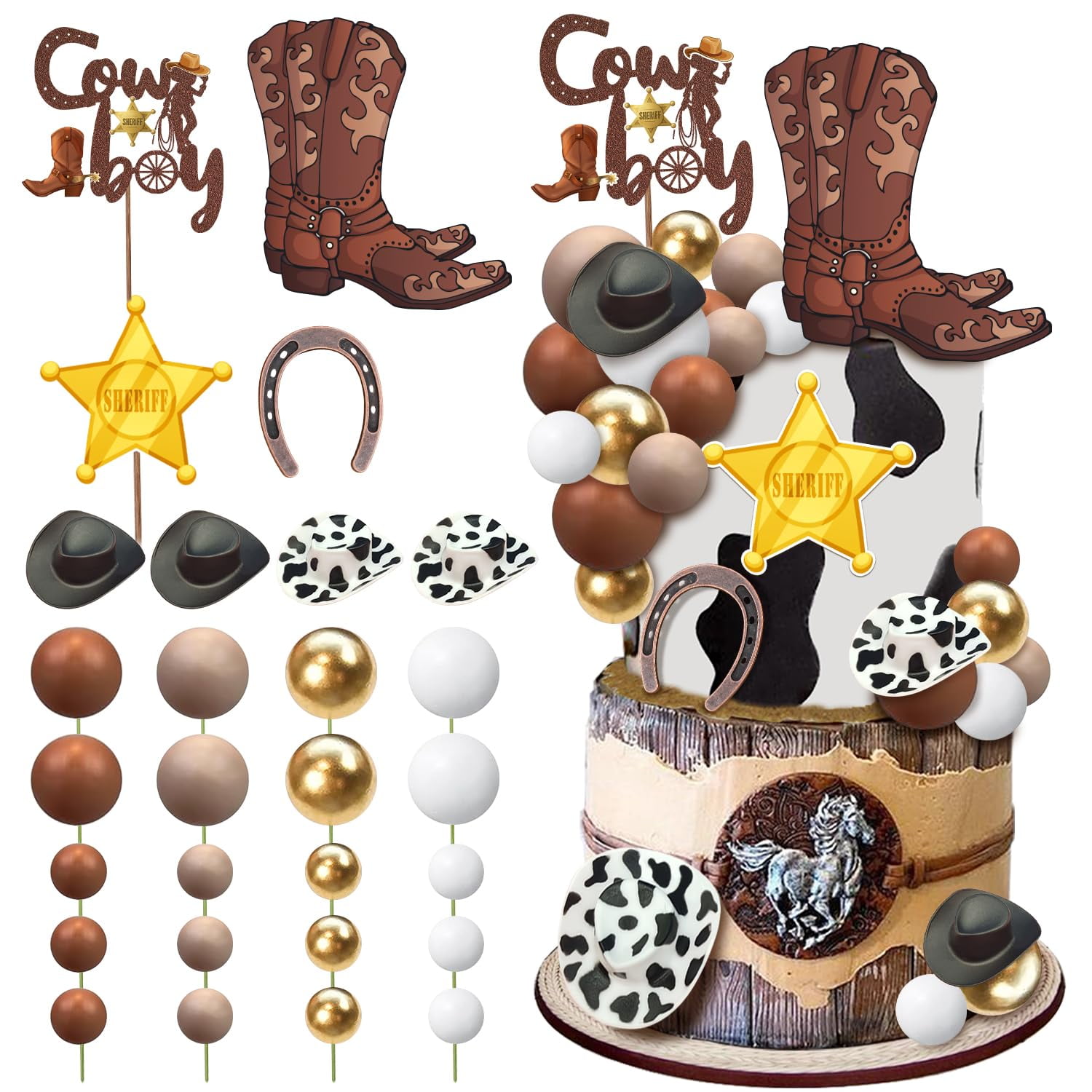 JeVenis Boho Rainbow Cake Decorations — 28-Piece Set With Bears, Balls & Leaves For Birthdays