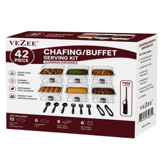 28-Pcs Disposable Chafing Dish Buffet Set with Half Size Pans Complete Catering Solution with Extra Fuel Cans & Lighter Perfect Food Warmers for Parties & Events