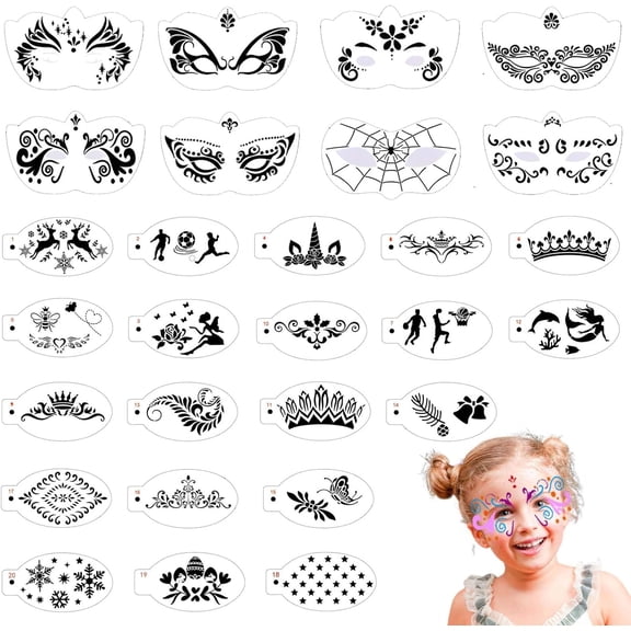 28 Pcs Face Paint Stencils Kits Face Painting Stencils Reusable Face Tattoo Painting Templates Body Makeup Painting Templates for Kids Face Painting Holiday Halloween Tattoo Stencils (Mix02)