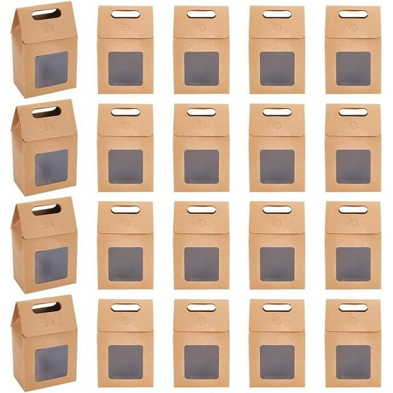 28 Pcs Paper Gift Bags Burlywood Paper Bags with Transparent Window Flower Bouquet Bags with Handles Reusable Bags