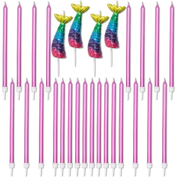 28 Pcs Rainbow Mermaid Tail Cupcake Toppers & Tall Metallic Pink Cake Candles for Kids Girls Birthday Party Decorations