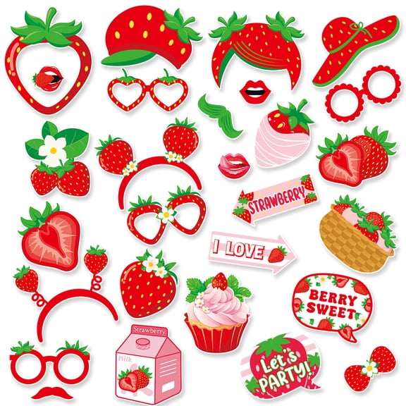 28 Pcs Strawberry Photo Booth Props, Berry Sweet Theme Selfie Props, Strawberries Shortcake Birthday Party Supplies,Hawaii Summer Fruit Photography Backdrop Decorations