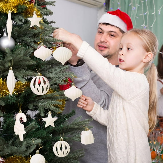 28 Pcs White Velvet Christmas Ornaments Set, Flocked Shatterproof Decorative Hanging Balls and Assorted Shapes, Elegant Holiday Baubles for Christmas Tree, Party and Home Decorations