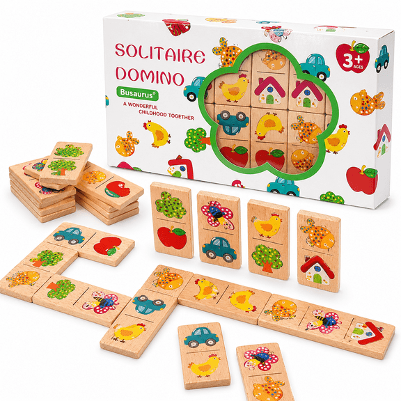 28 Pcs Wooden Domino Puzzle Game, Multicolor Fruit & Animal Educational Toy for Logic Thinking Development, Gifts for Preschool Kids Ages 3+