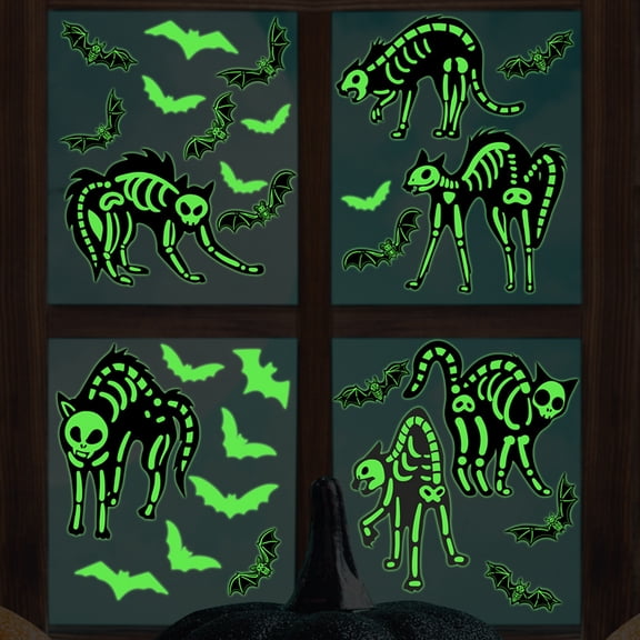 28 Peice Halloween Cats Skeleton Bats Sticker,DIY Halloween Glow in The Dark Cats Bats Wall Decals,Luminous Black Cat and Bat Stickers Decoration for Party Favors Windows Cling