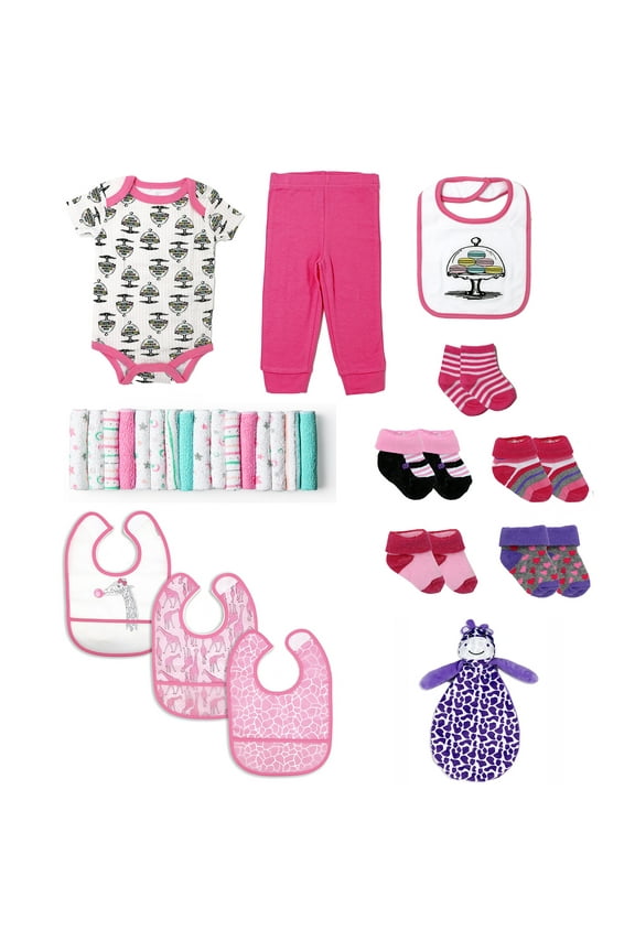 28 Piece Baby Girls Pink and Purple Infant Apparel Layette Gift Set, NB-3M