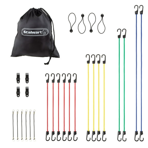 28 Piece Bungee Cord Set- Assortment of 5 Sizes- 10”, 18”, 24” 32” 40”- Plus Canopy Ties, Tarp Clips & Storage Bag- Tie Downs with Hooks by Stalwart