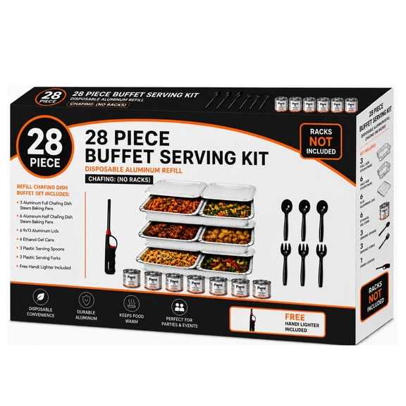 VeZee 28 Piece Buffet Serving Kit Disposable Aluminum Refill Chafing Set (No Racks) with Pans, Lids, Fuel Cans & Serving Utensils