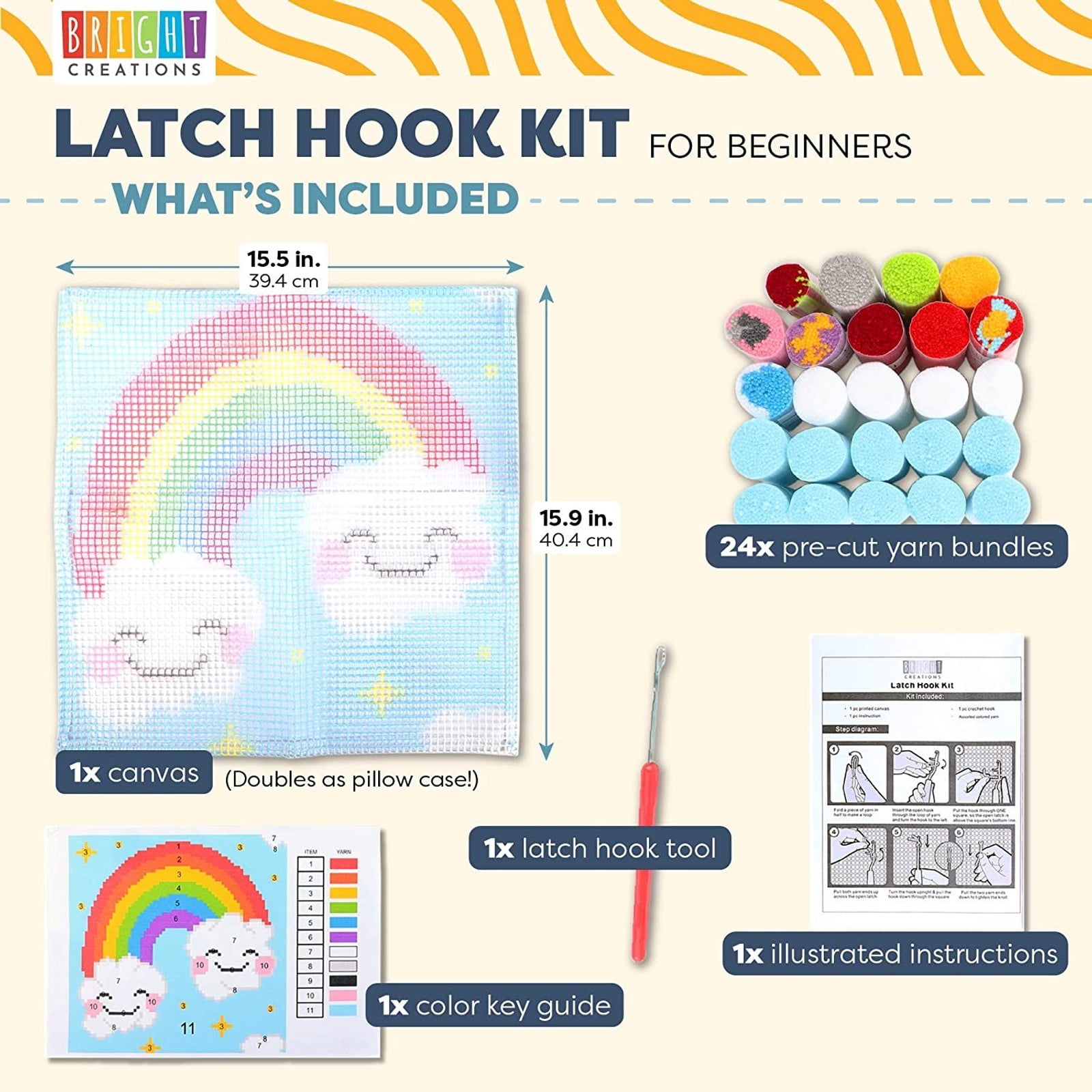28 Piece Rainbow Canvas Latch Hook Pillow Kits for Adults and Kids