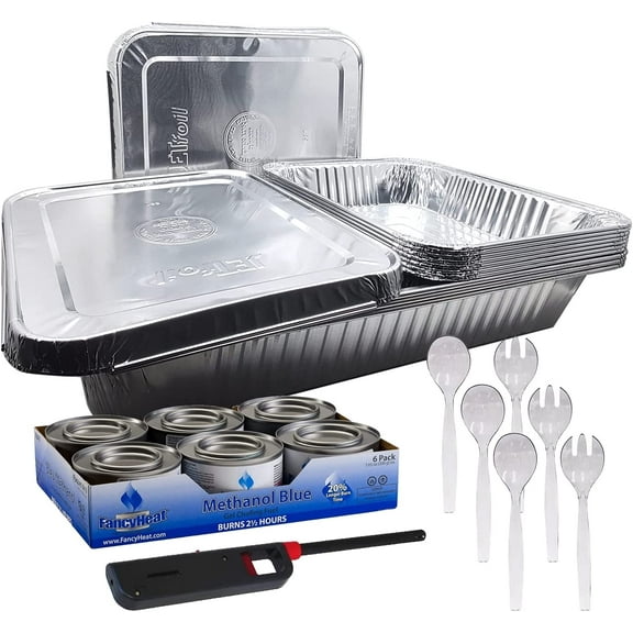 28 Piece Refill Disposable Aluminum Chafing Dish Buffet Party Set - Includes Aluminum pans, Methanol Fuel, Serving Utensils & HANDI LIGHTER (Racks are NOT included)