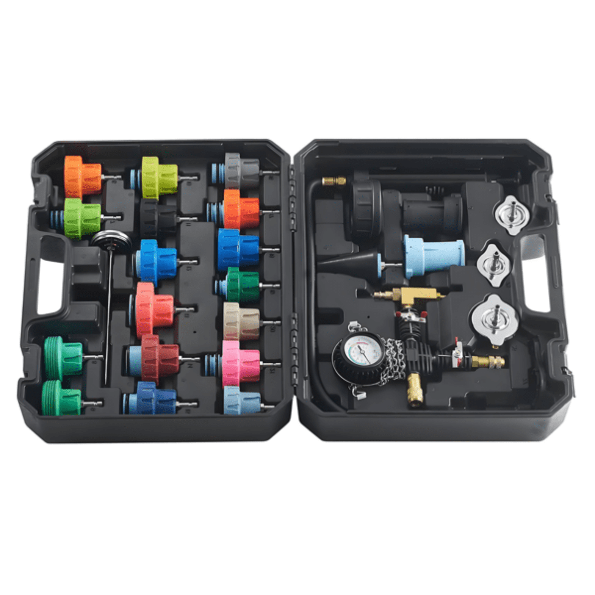 28 Piece Universal Radiator Pressure Tester Kit, Manual Pump with Color-Coded Test Caps, Coolant Vacuum Refill for Cars, Trucks & Motorcycles