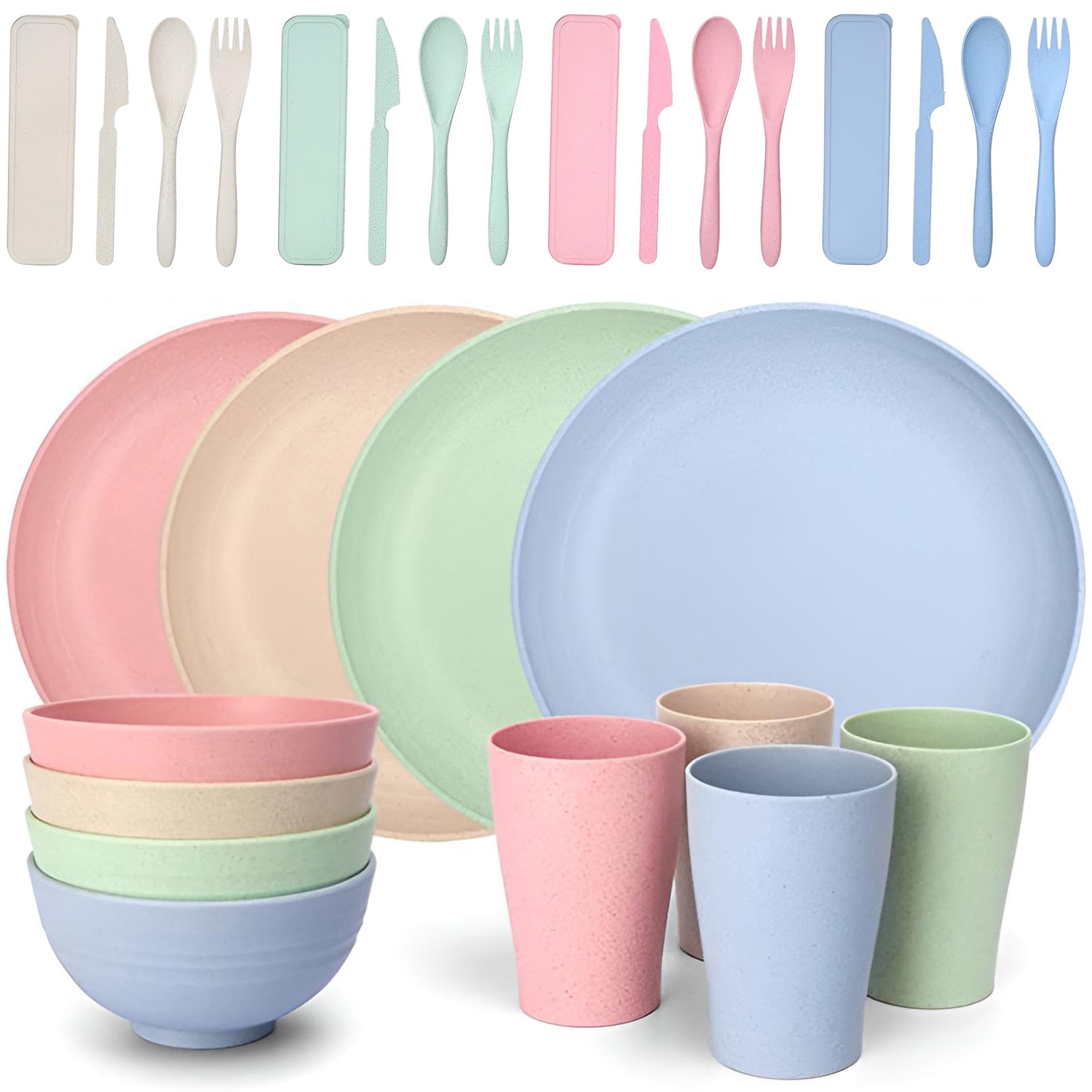 28 Pieces of 4-Color Wheat Straw Eco-Friendly Tableware Plastic Durable ...