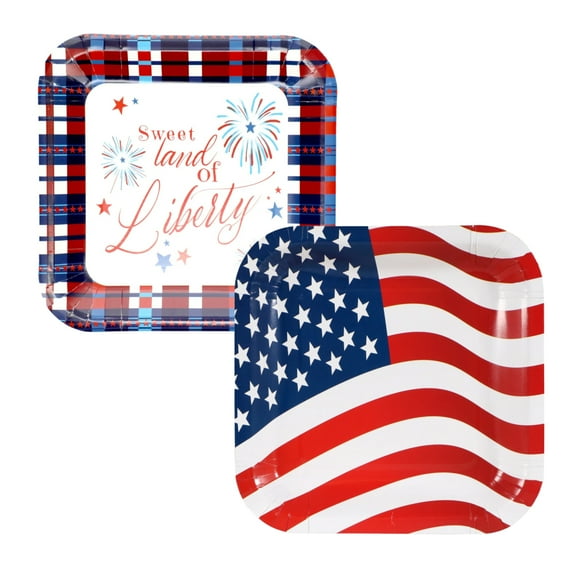 28 Pieces Square Patriotic Paper Plates 9in Red Blue Printed Disposable American Flag 4th of July Tableware for Cookies Barbecues Cake Desserts Summer Picnics Holiday Party Supplies & Decorations