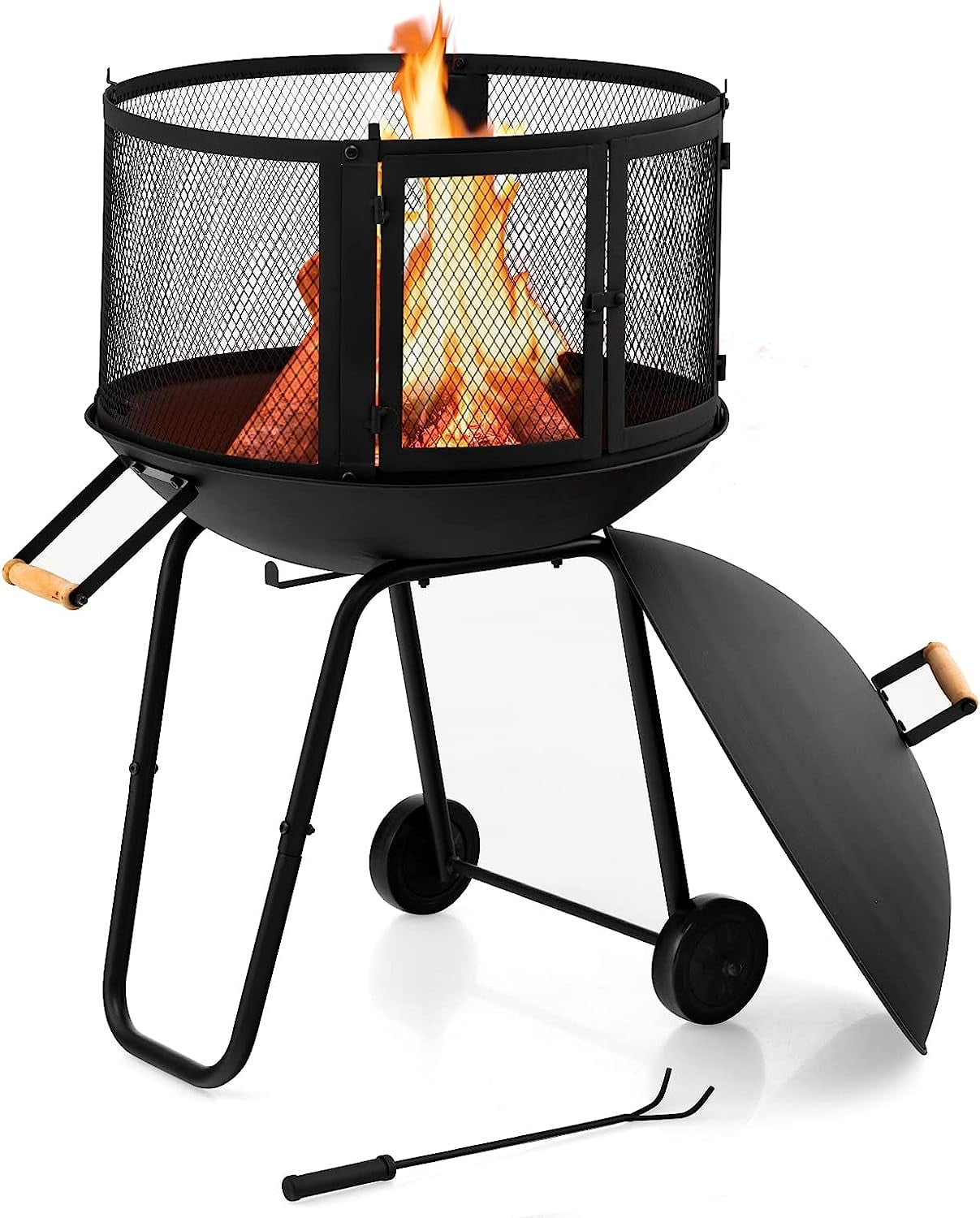 28” Portable Fire Pit on Wheels Mobile Wood Burning Firepit with Log