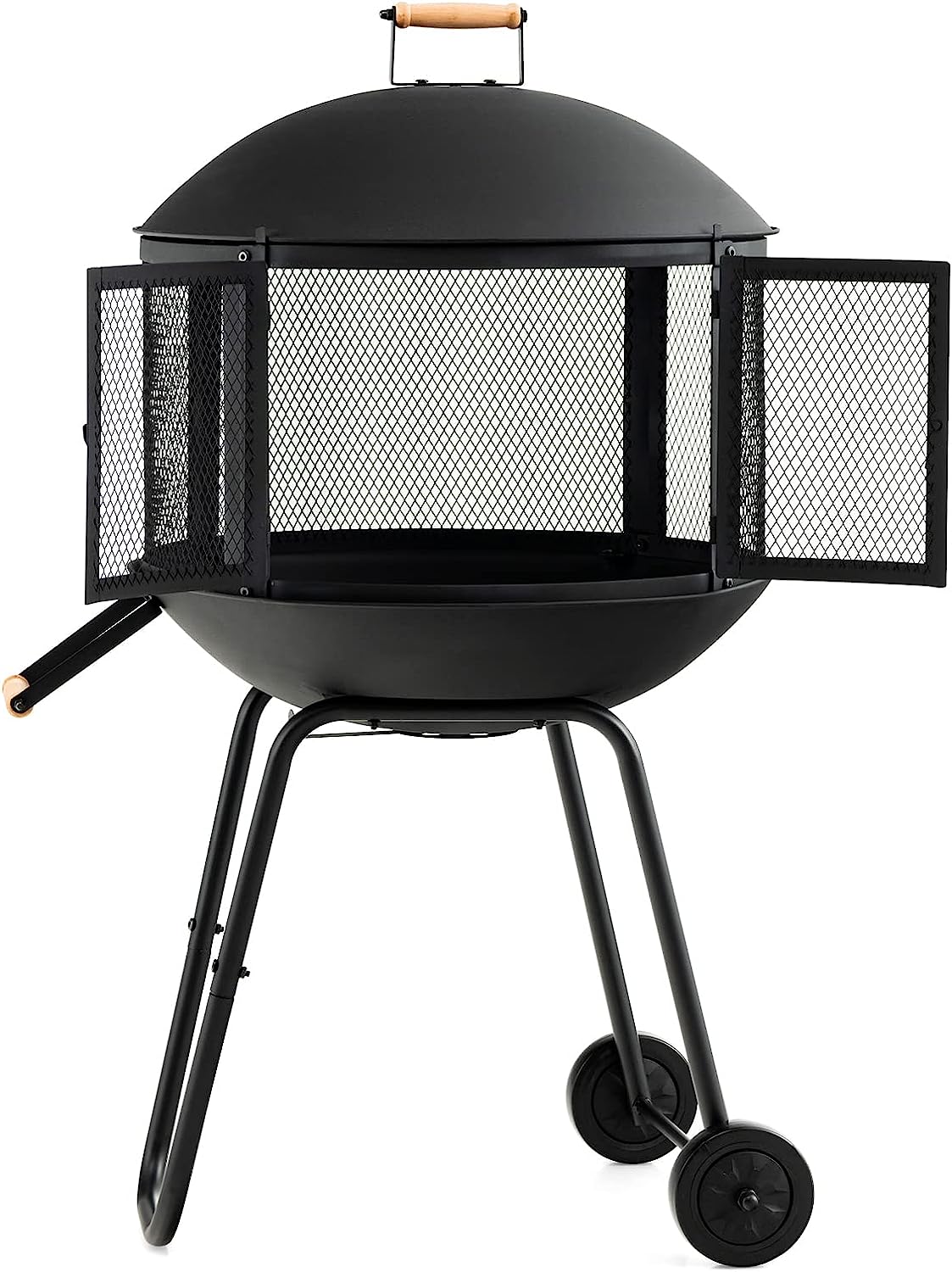 28” Portable Fire Pit on Wheels Mobile Wood Burning Firepit with Log