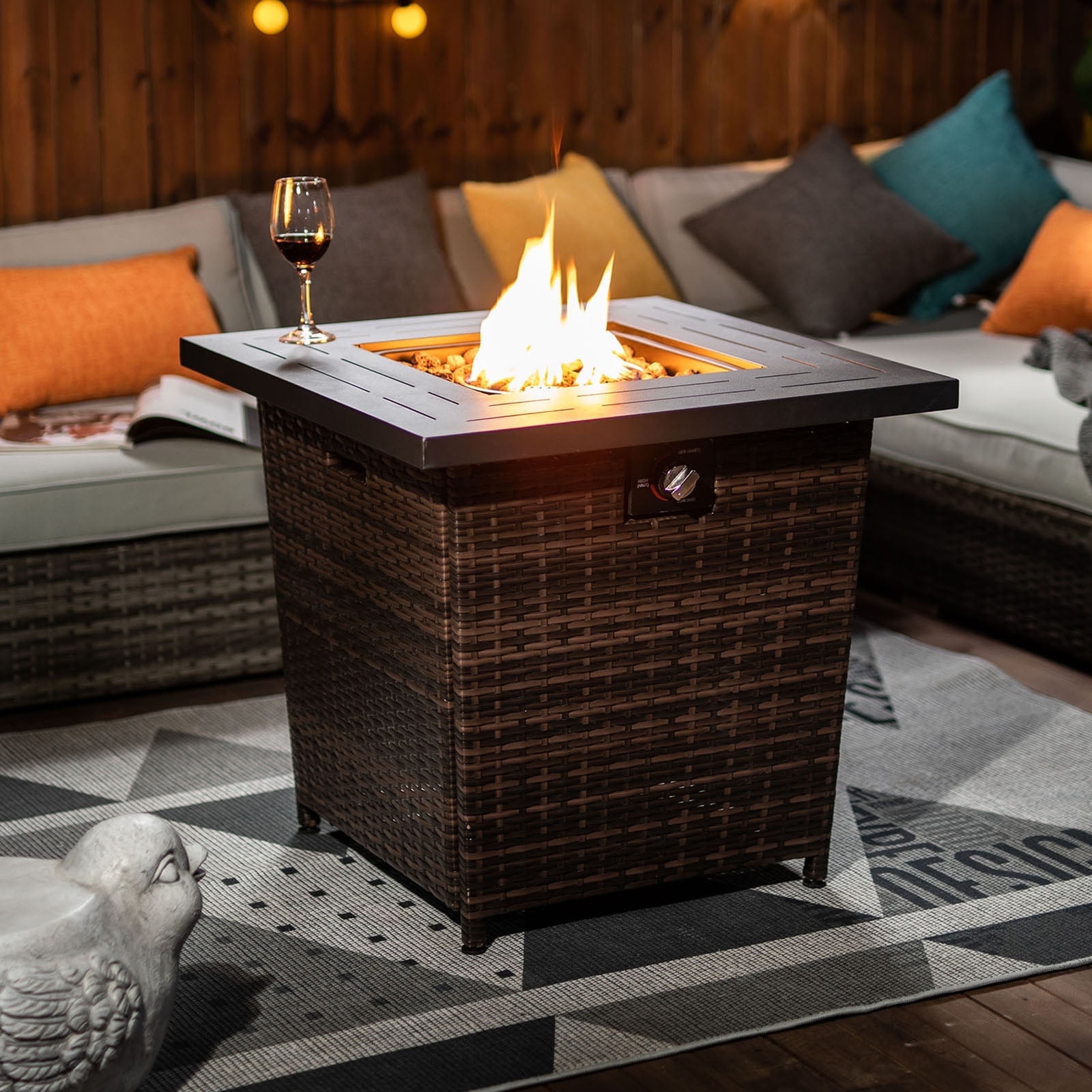 28'' Propane Fire Pit Table, 50,000 BTU Rattan Fire Pit with Steel Lid
