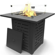 MBY 28" Fire Pit Table, 50,000 BTU Steel Gas Firepit with Lid and Glass Wind Guard, Black