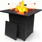 JXXM 28" Fire Pit Table, 50,000 BTU Steel Gas Firepit with Lid and Glass Wind Guard, Black