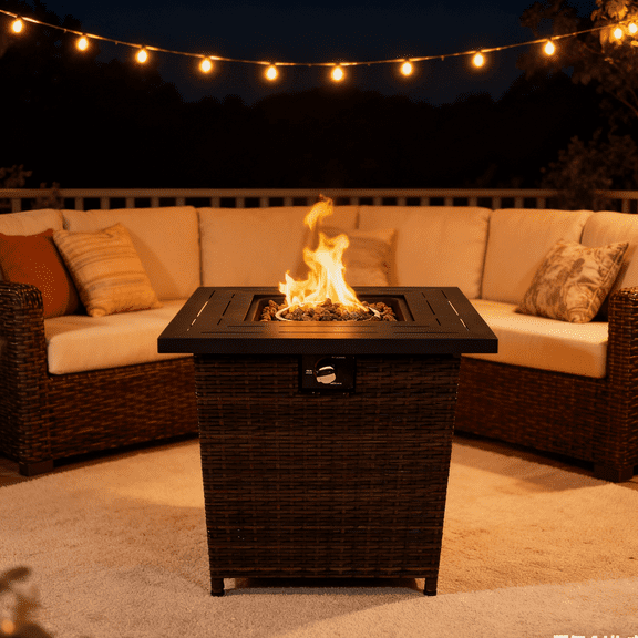 28" Propane Fire Pit Table, 50000 BTU Square Fire Pit with Steel Tabletop and Wicker Base for Outside Patio Deck Garden Backyard, Corrosion Resistance, ETL Approved, Black