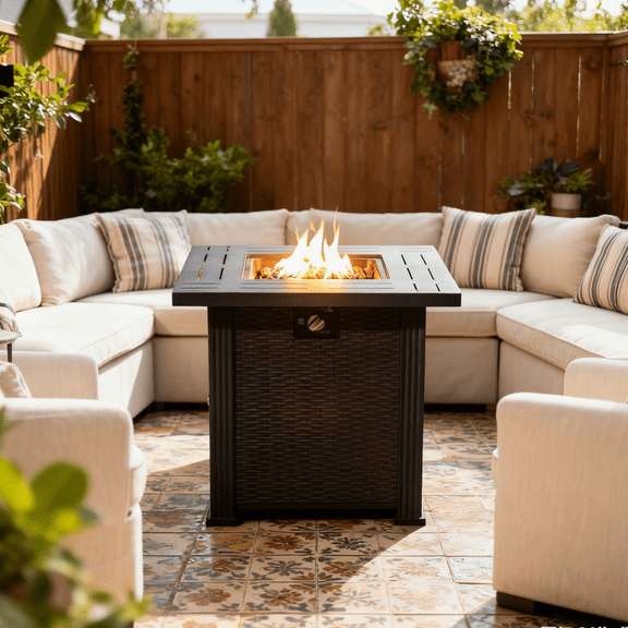 28" Propane Fire Pit Table Square, 50000 BTU Fire Pit with Steel Frame for Outside Patio Deck Garden Backyard, ETL Approved, Black