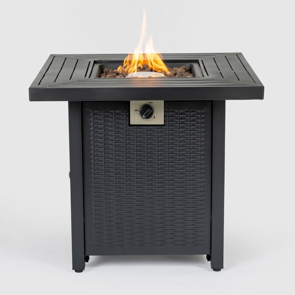 28" Propane Gas Fire Pit Table, 50000 BTU Square Fire Pit, Lava Rocks, Steel Cover, Black Steel Tabletop, Beautiful Imitation Rattan Weave Texture for Outside Patio Deck Garden Courtyard