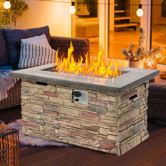 42" Propane Gas Fire Pit Table, 50000 BTU Rectangular Concrete Fire Pit for Outside Patio Deck Garden Backyard