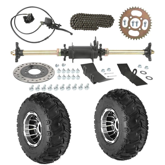 28" Rear Axle Kit with Hand Brake Assembly, 420 37T Chain Sprocket, Brake Disc, 3 Stud Wheel Hubs, 7" Wheels Tires for 70cc 110cc 125cc 150cc ATV Quad Buggy 4 Wheelers Go Kart Replacement Kit16x8x7